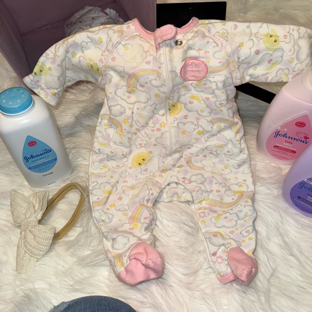 Vintage Precious Moments Pink & White Cloud and Rainbow Footed One-Piece